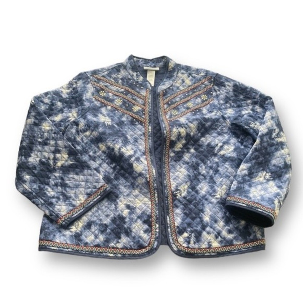 Alfred Dunner Petite Blue/White Tye Die Quilted Lightweight Jacket Size PL Aztec